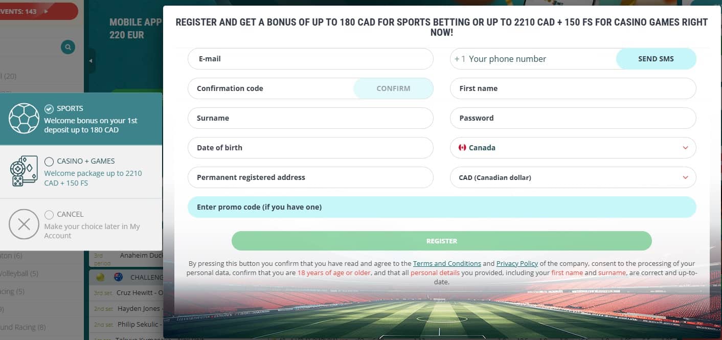 22bet canada registration