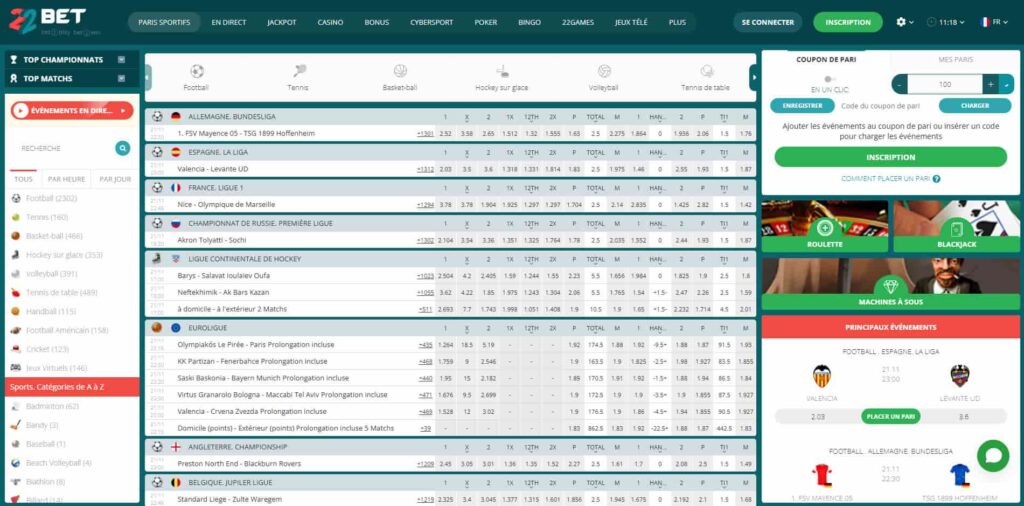 22bet sports bets paris sportifs